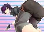  all_fours ass big_hero_6 bike_shorts bike_shorts_under_shorts black_hair blush brown_eyes chuubatsu_nagano fingerless_gloves from_behind gloves gogo_tomago hair_over_one_eye jacket looking_back multicolored_hair purple_hair short_hair short_shorts shorts solo striped striped_background wristband 