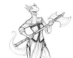  2015 argonian axe black_and_white excited female guoh monochrome open_mouth plain_background scalie solo standing the_elder_scrolls video_games weapon 
