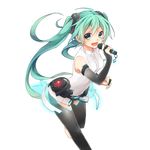  :d barefoot bridal_gauntlets elbow_gloves gloves green_eyes green_hair hatsune_miku hatsune_miku_(append) highres kuroi_(liar-player) leg_lift leotard long_hair microphone music official_art open_mouth singing smile solo thighhighs transparent_background twintails uchi_no_hime-sama_ga_ichiban_kawaii very_long_hair vocaloid vocaloid_append zettai_ryouiki 