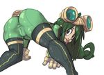  :&gt; :p all_fours ass asui_tsuyu black_eyes bodysuit boku_no_hero_academia boots colorized frog_girl from_behind gloves goggles goggles_on_head green_bodysuit green_hair long_hair monster_girl solo thigh_boots thighhighs tongue tongue_out zsky 