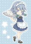  ankle_socks apron blue_background braid chibi cup frilled_apron frilled_skirt frills hair_ribbon highres izayoi_sakuya maid_apron maid_headdress nakahara_masahiko polka_dot polka_dot_background puffy_short_sleeves puffy_sleeves ribbon short_sleeves silver_eyes silver_hair skirt solo standing standing_on_one_leg star teacup teapot touhou tray tress_ribbon twin_braids vest 