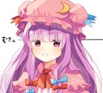  2015 amano_kenpi blush capelet crescent dated hat jewelry looking_at_viewer mukyuu patchouli_knowledge pout purple_eyes purple_hair simple_background solo touhou upper_body 
