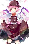  2015 amano_kenpi animal_ears bird_wings black_legwear blush brown_dress dated dress hat juliet_sleeves long_sleeves mystia_lorelei pink_hair pout puffy_sleeves red_eyes shirt skirt skirt_lift solo thighhighs touhou triangle_mouth wings zettai_ryouiki 