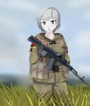  ak-74m anastasia_(idolmaster) assault_rifle blue_eyes communism cyka gun hammer_and_sickle highres idolmaster idolmaster_cinderella_girls military military_jacket rifle russia silver_hair soviet translated war_in_donbass weapon 