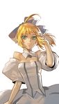  ahoge artoria_pendragon_(all) bare_shoulders blonde_hair bow detached_sleeves fate/stay_night fate/unlimited_codes fate_(series) green_eyes hair_bow narrator_(nobody) ponytail saber saber_lily solo 
