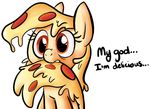  autocannibalism blonde_hair briskby cheese dialogue eating english_text equine fan_character female food hair horse mammal my_little_pony orange_body orange_eyes pepperoni pizza plain_background pony solo text white_background 