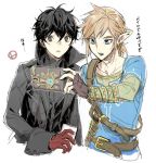  amamiya_ren black_hair blonde_hair blue_eyes cellphone earrings gamelife506 gloves holding jewelry link long_hair looking_at_viewer male_focus multiple_boys nintendo persona persona_5 phone pointy_ears ponytail sheikah_slate short_hair simple_background super_smash_bros. super_smash_bros._ultimate the_legend_of_zelda the_legend_of_zelda:_breath_of_the_wild translation_request 