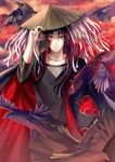  absurdres animal bird cloak cowboy_shot crow forehead_protector hand_on_headwear hat highres jewelry konohagakure_symbol looking_at_viewer male_focus naruto naruto_(series) necklace red_eyes rice_hat ring sharingan solo uchiha_itachi yoneyu 