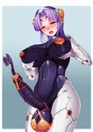  1girl bodysuit character_request chracter_request copyright_request erect_nipples full-package_futanari futanari huge_penis penis purple_hair red_eyes simple_background solo vuccha 