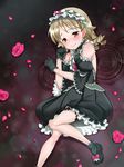  bare_shoulders blonde_hair blush brown_eyes dress drill_hair flower frills gloves gothic_lolita hidekichi_(09075470338) highres idolmaster idolmaster_cinderella_girls lolita_fashion morikubo_nono ripples rose solo 