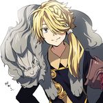  blonde_hair braid grey_eyes hair_over_one_eye male_focus matsuki_(mikipingpong) nue ponytail shishiou shishiou_no_mofumofu smile touken_ranbu translated upper_body 