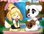  animal_crossing bell black_nose canine clothed clothing cute dog eeviechu eyelashes eyes_closed fur grass guitar hair isabelle_(animal_crossing) k.k._slider mammal musical_instrument nature nintendo outside paws river sitting smile tree video_games water 