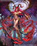  breasts cleavage detached_sleeves dragon's_shadow feathered_wings floating horns large_breasts long_hair official_art red_eyes red_hair shadowgrave slit_pupils thorns wings 