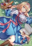  alice_margatroid basket blonde_hair book boots bottle bow bread breasts brown_footwear capelet cover cover_page cross-laced_footwear cup doujin_cover dress drinking_glass food fruit grapes grass green_eyes hair_bow hairband hitsuki_rei knee_boots lace-up_boots long_hair long_sleeves looking_at_viewer lying medium_breasts on_back on_side open_book outdoors parted_lips ribbon shade shanghai_doll short_hair solo touhou tree_shade wine_bottle wine_glass 