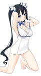  arm_ribbon armpits arms_behind_head arms_up bare_shoulders barefoot black_hair blue_eyes blue_ribbon bow breasts cleavage cleavage_cutout dress dungeon_ni_deai_wo_motomeru_no_wa_machigatteiru_darou_ka gloves hair_ornament hair_ribbon hestia_(danmachi) highres kneeling kushibi large_breasts long_hair looking_at_viewer rei_no_himo ribbon short_dress simple_background sleeveless sleeveless_dress solo twintails very_long_hair white_background white_dress white_gloves 