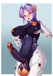  1girl blush bodysuit breasts chracter_request erect_nipples full-package_futanari futanari gradient gradient_background huge_penis inverted_nipples large_breasts original penis purple_hair simple_background solo vuccha 