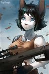  2015 anthro black_hair blue_eyes clothing feline female gun hair iskra leaves mammal ranged_weapon rifle shirt solo weapon 