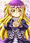  blonde_hair blush cross-laced_clothes dress frilled_dress frilled_sleeves frills gradient_hair hands_clasped hijiri_byakuren kazamidori_(sleeping_clock) layered_dress long_hair long_sleeves multicolored_hair own_hands_together puffy_long_sleeves puffy_sleeves purple_hair smile solo touhou turtleneck yellow_eyes 