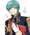  aqua_hair cape gloves hand_on_own_chest ichigo_hitofuri male_focus matsuki_(mikipingpong) military military_uniform necktie smile solo sparkle touken_ranbu translation_request uniform white_gloves yellow_eyes 