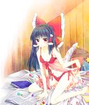  babydoll bare_shoulders black_hair book bow bra clothes_grab cup frills hair_bow hair_tubes hakurei_reimu half_updo long_hair muzuki_uruu on_bed open_book panties parted_lips red_bow red_bra red_panties side-tie_panties sitting sitting_on_bed solo star test_tube touhou underwear underwear_only wariza 
