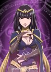 bangs black_hair black_nails blunt_bangs bodystocking breasts bridal_gauntlets cape cleavage contrapposto daniel_macgregor fire_emblem fire_emblem:_kakusei light_smile long_hair looking_at_viewer md5_mismatch medium_breasts nail_polish purple_eyes shoulder_pads smile solo standing tharja tiara two_side_up upper_body 