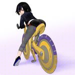  ass bicycle big_hero_6 black_hair capri_pants cropped_jacket eyeshadow from_behind gogo_tomago ground_vehicle leggings lips looking_back makeup multicolored_hair pants pants_under_shorts purple_hair shoes short_hair short_shorts shorts smile sneakers solo susi_(sousome) 