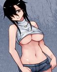  aoshima bare_arms bare_shoulders black_hair breasts commentary_request crop_top grey_eyes hair_over_one_eye highres jewelry large_breasts midriff navel necklace original parted_lips short_shorts shorts solo stomach underboob 