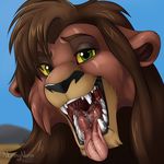  2015 brown_fur brown_hair disney feline feral fur green_eyes hair lion looking_at_viewer male mammal nintendo nummynumz open_mouth saliva solo teeth the_lion_king tongue tongue_out video_games yellow_sclera 