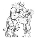  adele ambiguous_gender angry armor biceps black_and_white canine cyril digitigrade duo ear_piercing elf eyelashes guoh male mammal monochrome muscles piercing size_difference were werewolf 