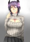  blush breasts cleavage endou_(zettai_bluenoid) eyepatch headgear highres kantai_collection large_breasts meme_attire open-chest_sweater purple_hair ribbed_sweater short_hair skirt solo sweater tenryuu_(kantai_collection) yellow_eyes 