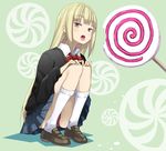  blonde_hair candy food green_eyes hama_chon kneehighs loafers lollipop long_hair looking_at_viewer miniskirt original panties pantyshot pantyshot_(squatting) ribbon shoes skirt solo squatting tongue tongue_out underwear very_long_hair white_legwear 