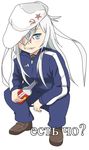  adidas alcohol cigarette cyka gopnik hammer_and_sickle hat hibiki_(kantai_collection) kantai_collection long_hair russian slav_squatting solo squatting verniy_(kantai_collection) vodka white_background white_hair 