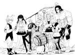  5boys absurdres ban_(nanatsu_no_taizai) barrel black_legwear diane_(nanatsu_no_taizai) elizabeth_liones greyscale griamor hair_over_one_eye hauser_(nanatsu_no_taizai) hawk_(nanatsu_no_taizai) highres king_(nanatsu_no_taizai) long_hair midriff monochrome multiple_boys multiple_girls nanatsu_no_taizai navel skirt takasakiyama_monmon thighhighs veronica_liones 