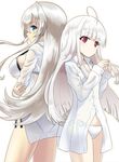  absolute_duo ahoge back-to-back blue_eyes breasts color_connection crossover flat_chest hair_color_connection ishizu_kayu large_breasts long_hair looking_at_viewer multiple_girls no_pants ore_twintail_ni_narimasu panties red_eyes silver_hair twoearle underwear white_hair white_panties yurie_sigtuna 