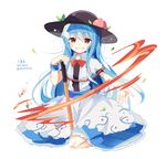  2015 amano_kenpi blue_hair bow bowtie dated food fruit grin hat hinanawi_tenshi long_hair peach puffy_short_sleeves puffy_sleeves red_eyes shirt short_sleeves simple_background skirt smile solo sword_of_hisou touhou twitter_username very_long_hair white_background 