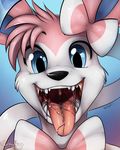  ambiguous_gender blue_eyes bow cute eeveelution fur looking_at_viewer nintendo nummynumz open_mouth pink_fur pok&eacute;mon ribbons saliva solo sylveon teeth tongue tongue_out video_games white_fur 