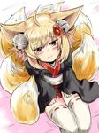  ahoge animal_ears bell blonde_hair blush flower fox_ears fox_tail hair_bell hair_flower hair_ornament hands_on_lap inari_(sennen_sensou_aigis) japanese_clothes kitsune koko_(hm142533) looking_at_viewer looking_up multiple_tails on_bed red_eyes ribbon-trimmed_legwear ribbon_trim sennen_sensou_aigis sitting sitting_on_bed smile tail thighhighs white_legwear 