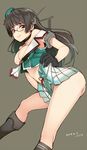  2015 ass black_hair boots breasts choukai_(kantai_collection) cleavage dated dutch_angle gin_(ginshari) glasses gloves hat headgear kantai_collection knee_boots large_breasts long_hair midriff mini_hat remodel_(kantai_collection) skirt solo 