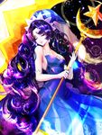  blue_dress closed_eyes cookie_run dress earrings elbow_gloves gloves hat jewelry long_hair moonlight_cookie personification purple_hair ruck solo staff strapless strapless_dress very_long_hair white_gloves 