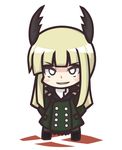  arms_behind_back bangs black_legwear blonde_hair blunt_bangs chibi grete_m_gollob head_wings long_coat long_hair long_sleeves mojinchin open_mouth pantyhose smile solo standing white_eyes world_witches_series 