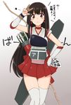  akagi_(kantai_collection) arrow bishoujo_senshi_sailor_moon black_hair blush bow_(weapon) brown_eyes cerasus choker commentary_request cosplay cowboy_shot earrings elbow_gloves flight_deck gloves gradient gradient_background grey_background hand_on_hip headband hino_rei jewelry kantai_collection knees_touching long_hair looking_at_viewer magical_girl muneate ofuda partly_fingerless_gloves pleated_skirt quiver red_skirt sailor_mars skirt solo star tasuki thigh_gap thighhighs translation_request v very_long_hair weapon white_background white_legwear yugake zettai_ryouiki 