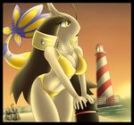  2013 alternate_color anthro bent_over bikini black_skin blue_scales bra breasts clothed clothing female latiar lighthouse milotic navel nintendo outside pok&eacute;mon pok&eacute;morph sea skimpy solo swimsuit underwear video_games water yellow_eyes yellow_scales 
