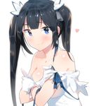  bad_id bad_pixiv_id bare_shoulders black_hair blue_eyes blue_ribbon breasts covering covering_breasts ddal dungeon_ni_deai_wo_motomeru_no_wa_machigatteiru_darou_ka gloves hair_ribbon heart hestia_(danmachi) long_hair looking_at_viewer medium_breasts rei_no_himo ribbon simple_background smile solo twintails white_background white_gloves 