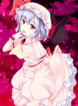  ajiriko ascot bad_id bad_pixiv_id banned_artist bat_wings blue_eyes brooch dress fang finger_to_mouth hat hat_ribbon jewelry looking_at_viewer mob_cap open_mouth pink_dress pink_eyes puffy_short_sleeves puffy_sleeves remilia_scarlet ribbon short_sleeves smile solo touhou wings wrist_cuffs 