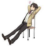  aldnoah.zero brown_eyes brown_hair chair earbuds earphones eighth_note kaizuka_inaho male_focus media_player musical_note quarter_note semillon simple_background sitting solo speech_bubble spoken_musical_note white_background 