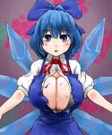  alternate_breast_size black_bra blue_eyes blue_hair bow bra breasts bursting_breasts cirno cleavage hair_bow huge_breasts ice ice_wings long_hair looking_at_viewer parted_lips solo tk_(artist) torn_clothes touhou underwear wings 