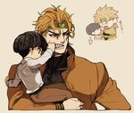  annoyed black_hair blonde_hair bruise carrying chibi chibi_inset child child_carry dio_brando fangs father_and_son giorno_giovanna haruno_shiobana headband holding injury jojo_no_kimyou_na_bouken li_sakura line_shading mouth_pull multiple_boys tearing_up translated yellow_eyes younger 