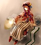  bad_id bad_pixiv_id book capelet coat crescent crescent_hair_ornament fireball grimoire hair_ornament hair_ribbon hat jan_(lightdragoon) long_hair long_sleeves mob_cap open_clothes open_coat patchouli_knowledge purple_eyes purple_hair ribbon scroll sitting solo striped touhou tress_ribbon very_long_hair wide_sleeves 