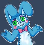  2015 4_fingers animatronic anthro big_eyes blue_fur bow_tie chest_tuft cute five_nights_at_freddy&#039;s five_nights_at_freddy&#039;s_2 fur green_eyes lagomorph long_ears looking_at_viewer machine male mammal mechanic mechanical plain_background rabbit reaction_image robot rosy_cheeks shrug solo thepipefox toy_bonnie_(fnaf) tuft video_games 