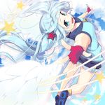  aqua_eyes blue_hair cloud fingerless_gloves gloves hatsune_miku long_hair open_mouth outstretched_arms sakuragi_ren shorts sky solo spread_arms star twintails vocaloid wings 